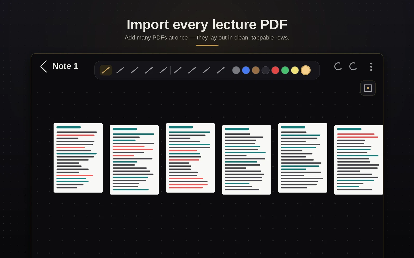 Several lecture PDFs laid out in a row on the canvas