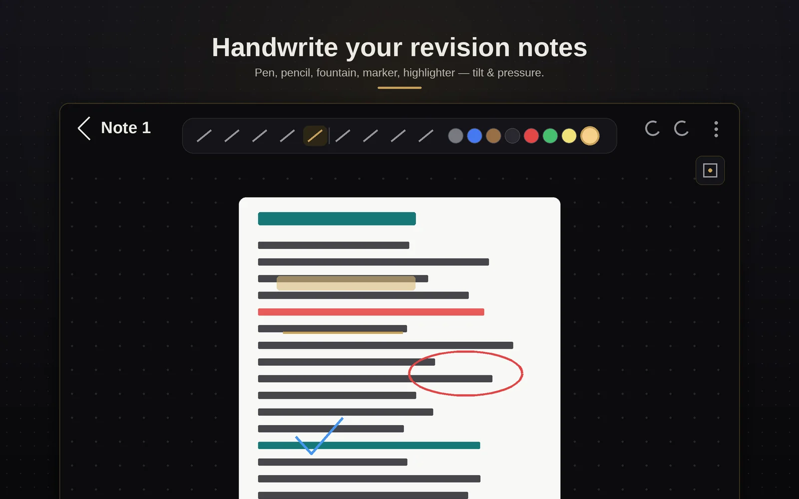 A page with highlighter, underline, circle and tick marks drawn over it