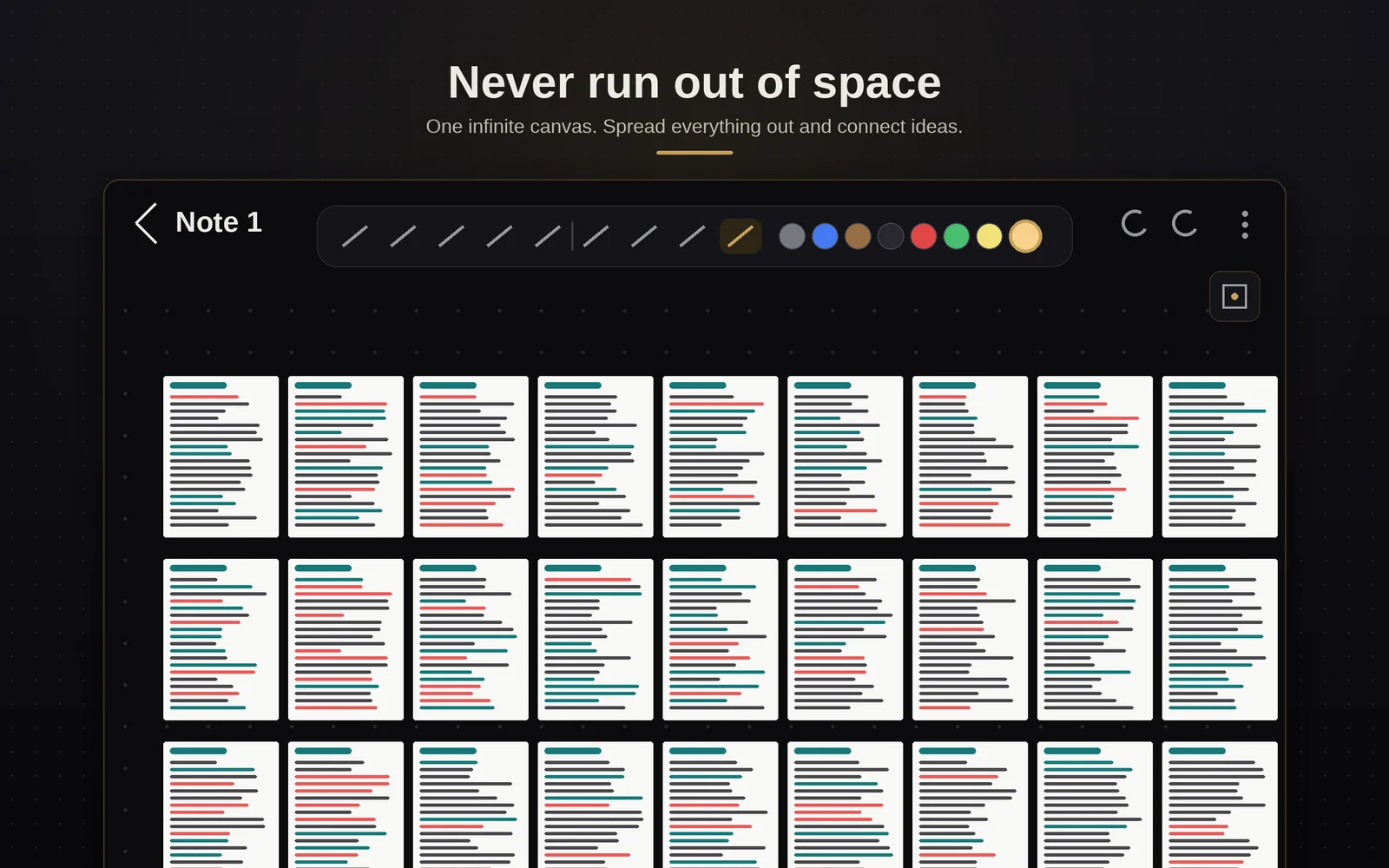 A grid of dozens of pages spread across the canvas